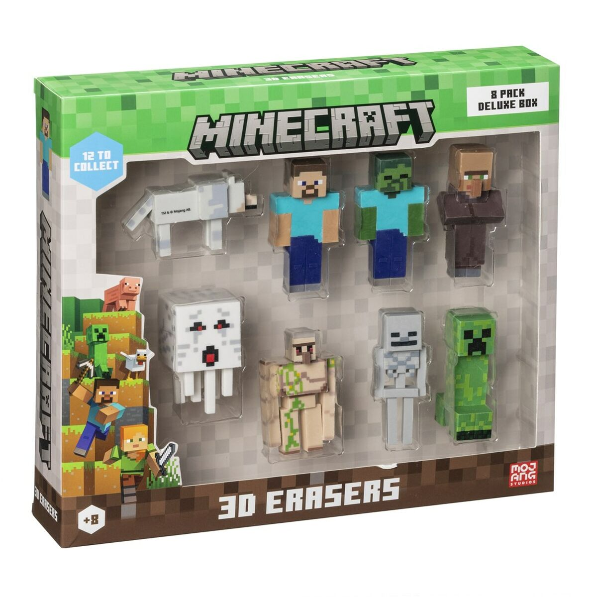 Minecraft 8-pakowe pudełko deluxe z gumkami 3D: Steve, zombie, wieśniak, wilk, ghast, szkielet, creeper.