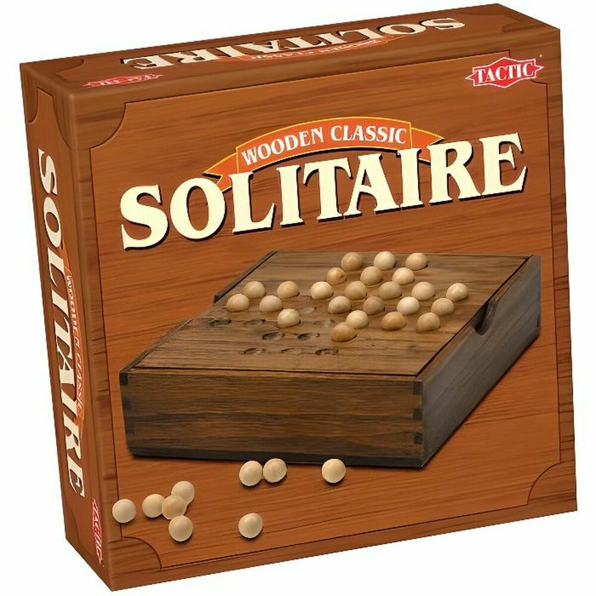 Gioco da tavolo solitario in legno con biglie sul tabellone e sparse.