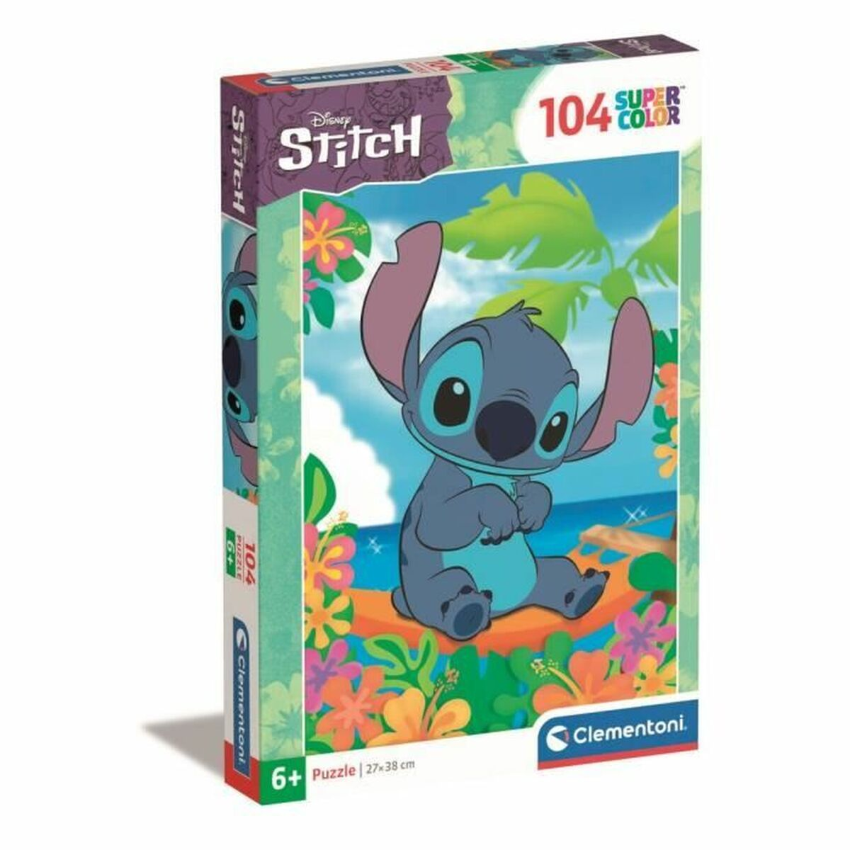 Stitch siedzi na tropikalnej wyspie z niebieskim niebem i palmami.