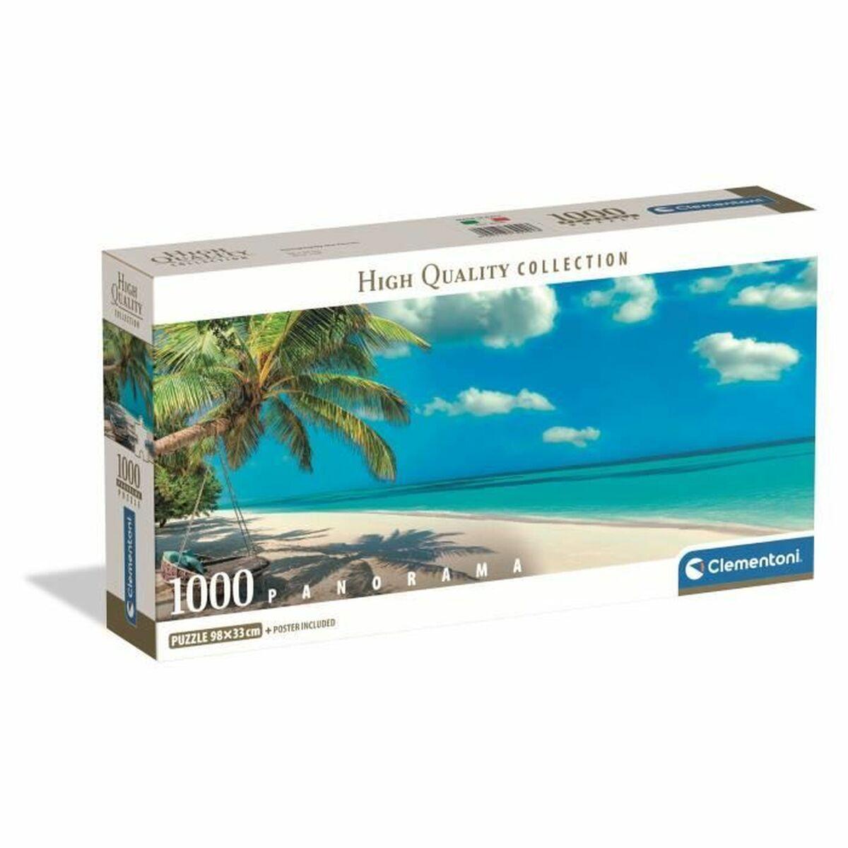 Verpackung eines Clementoni 1000-Teile-Panorama-Puzzles mit tropischer Strandkulisse.