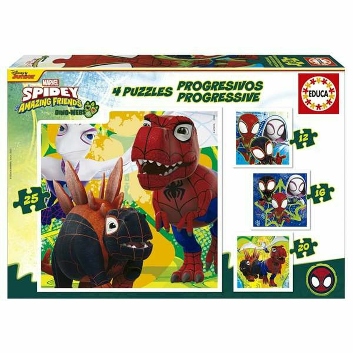Caja de rompecabezas Spidey y sus Amigos Dino-Webs con Spidey, Ghost-Spider y personajes dinosaurio.