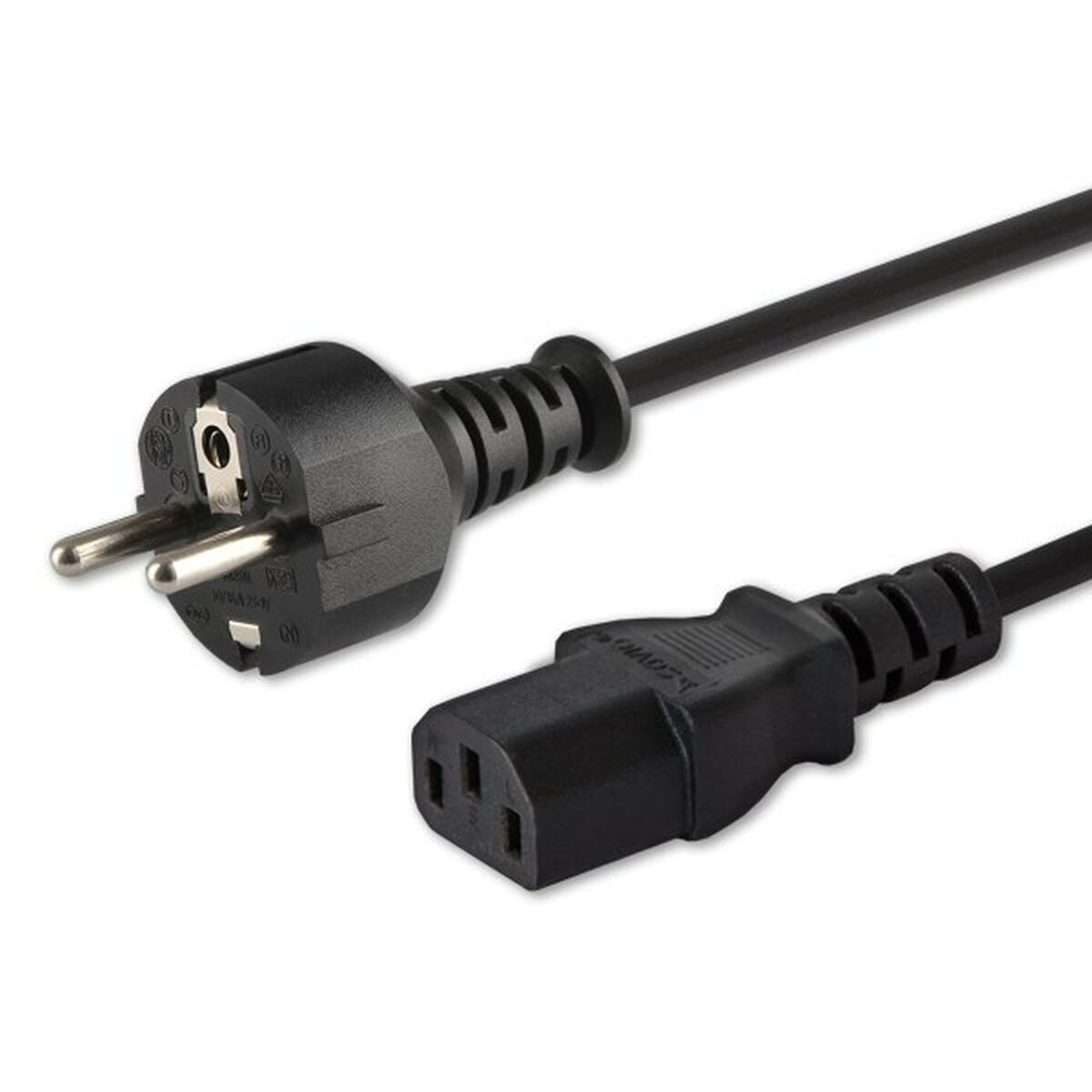 Czarny kabel zasilający z wtyczką europejską i złączem C13 na białym tle.