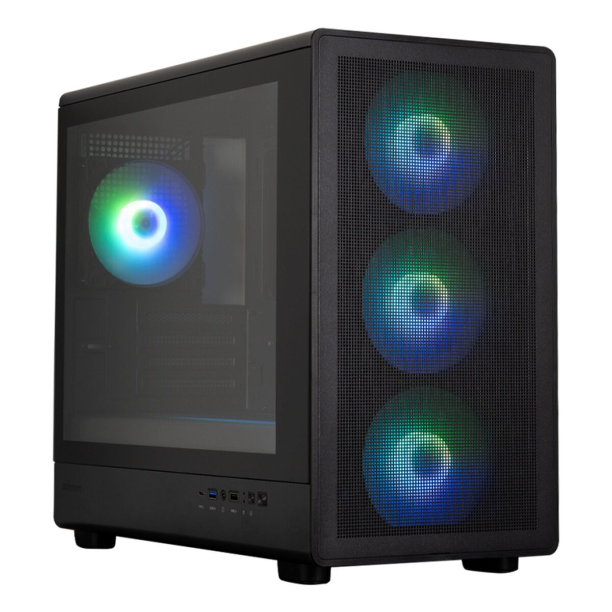 Case per computer nero con ventole illuminate e finestra laterale.
