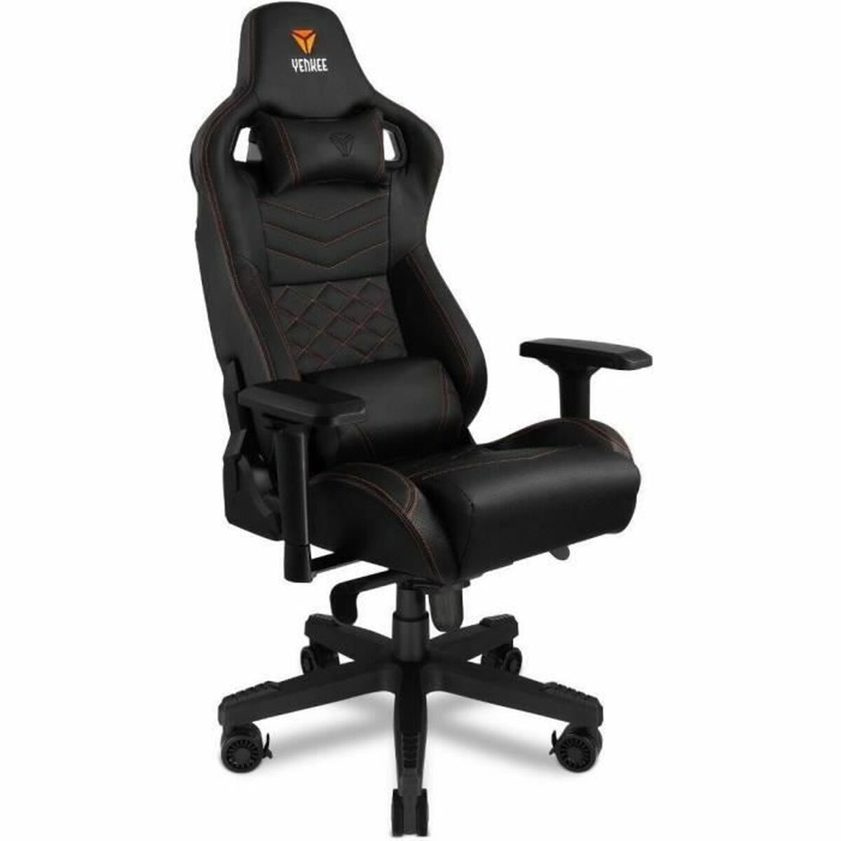 Schwarzer Gaming-Stuhl mit roten Nähten, verstellbaren Armlehnen und Kopfstütze.