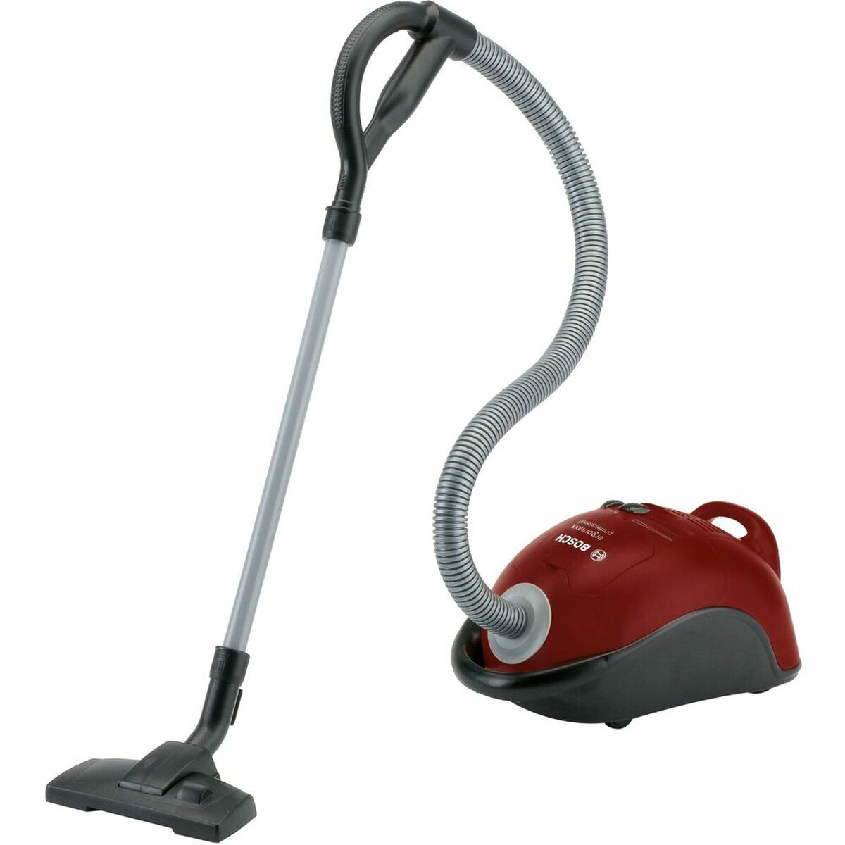 Ein roter Bosch Staubsauger mit Schlauch und Rohr auf weißem Hintergrund.