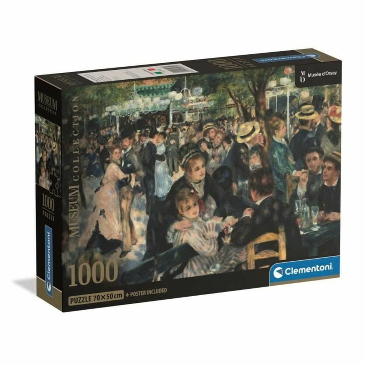Pudełko 1000-elementowych puzzli przedstawiających tętniącą życiem paryską scenę tarasu tanecznego.