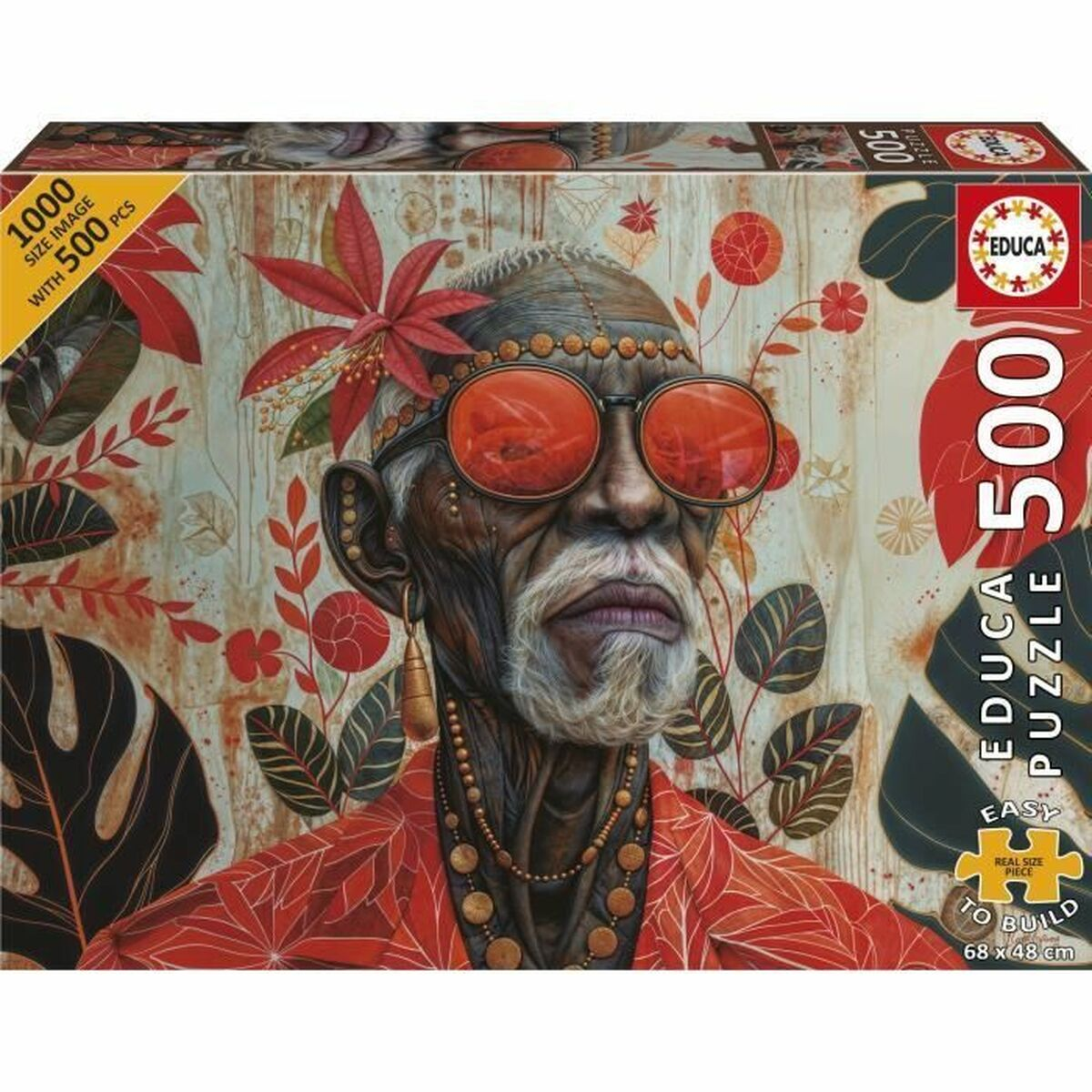Scatola puzzle con ritratto di un uomo anziano con occhiali da sole, circondato da fiori.