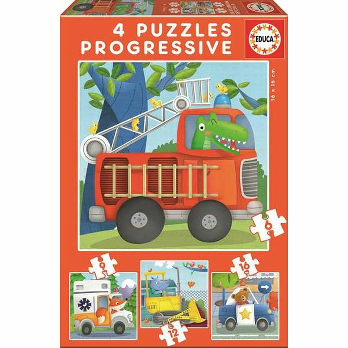Confezione per 4 puzzle progressivi con veicoli: camion dei pompieri, ambulanza, escavatore, auto della polizia.