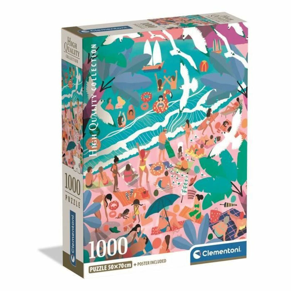 Eine bunte Puzzle-Box zeigt eine belebte Strandszene mit Menschen, Vögeln und Booten.
