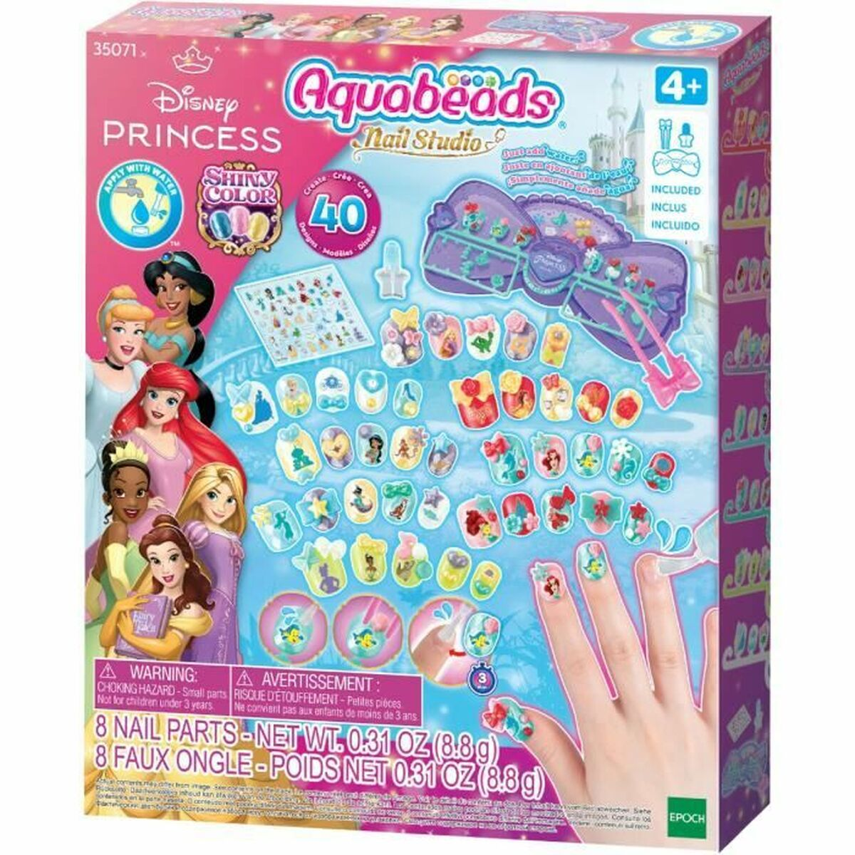 Zestaw Aquabeads Disney Princess Nail Studio z 8 częściami do paznokci, wzorami i narzędziami.