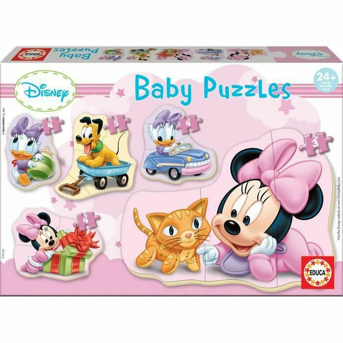Disney Baby Puzzles doos: Minnie, kat, Donald, Daisy, Pluto. Roze achtergrond.