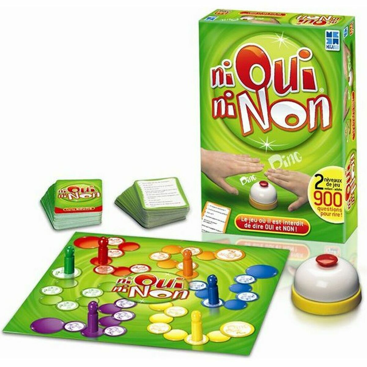 Het 'Ni Oui Ni Non' bordspel, met speelbord, kaarten, pionnen en een bel.
