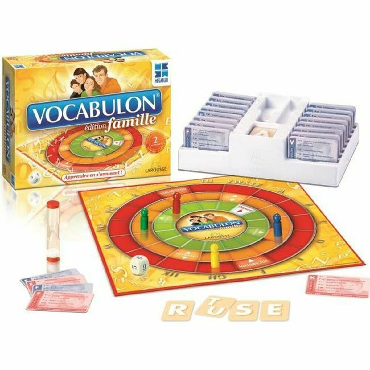 Ein Vocabulon-Brettspiel mit Spielbrett, Karten, Spielfiguren und Würfel.