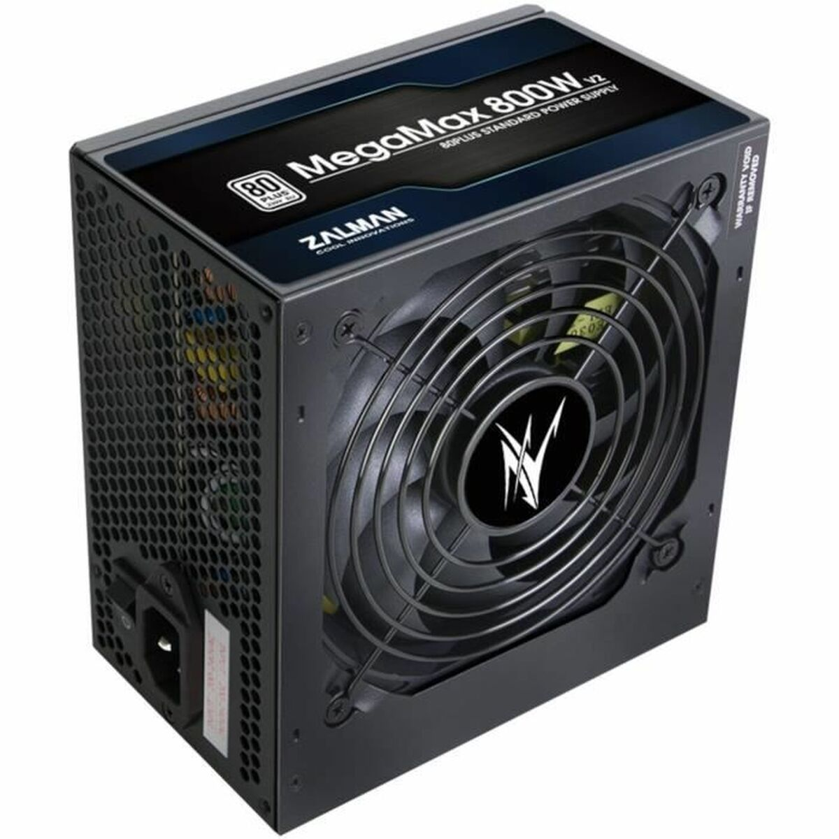 Zwarte computer voeding met ventilator en Zalman logo, 800W