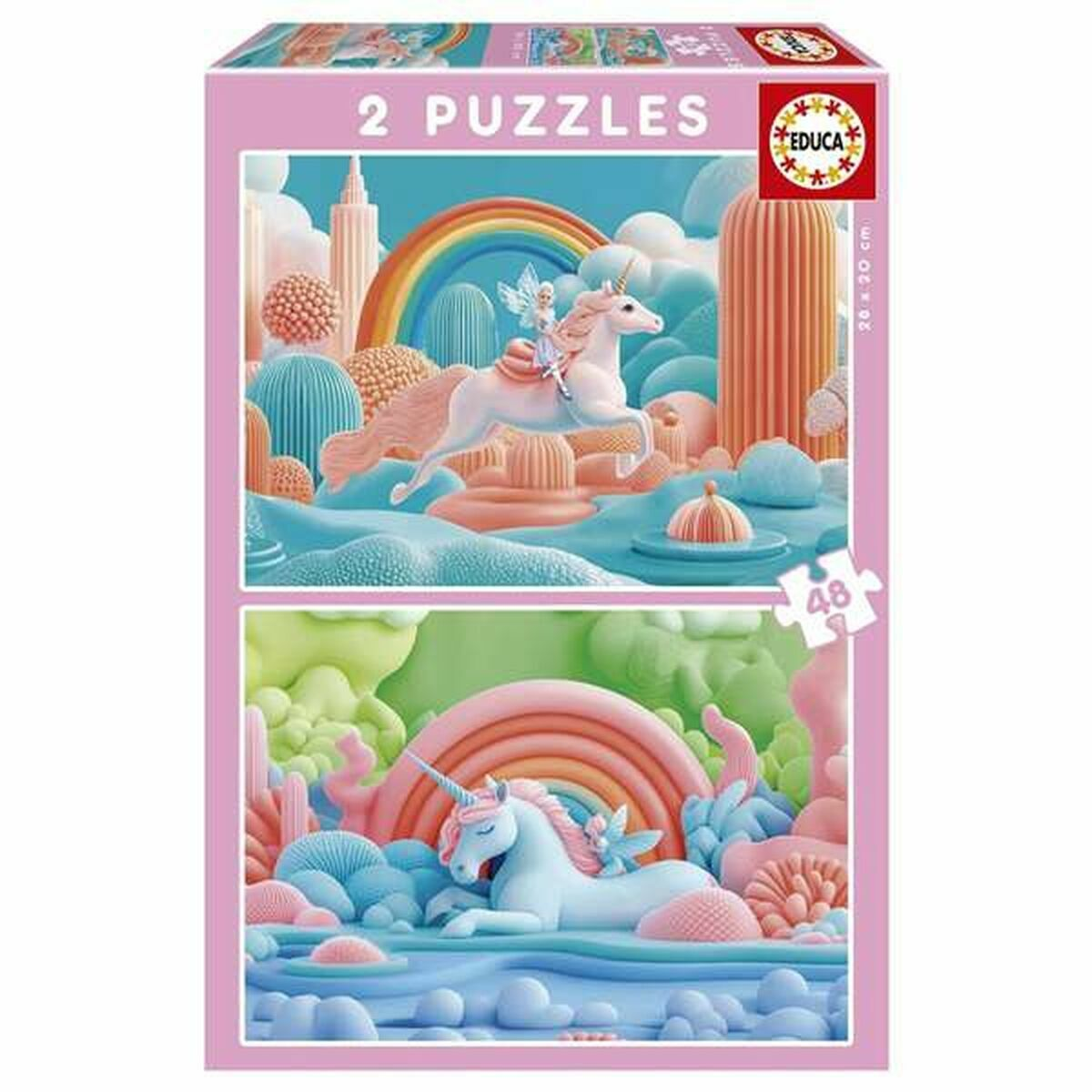Dos rompecabezas con unicornios, un arcoíris y un hada en un mundo de fantasía.