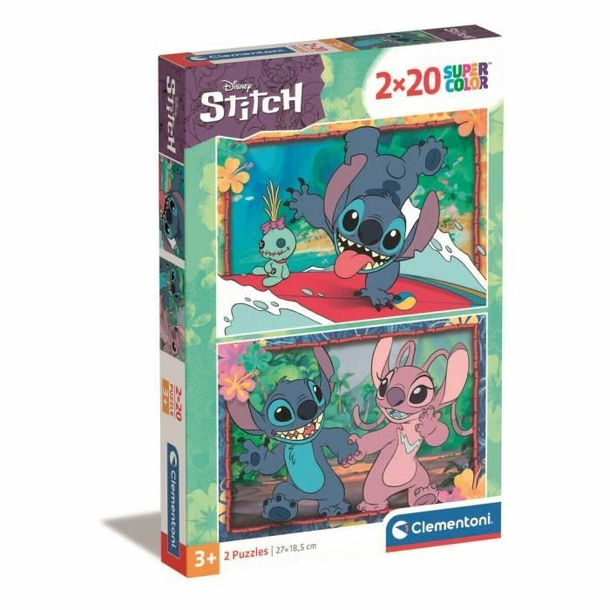 Boîte de puzzle Stitch: Stitch surfant et Stitch avec Angel, avec des fleurs en arrière-plan.