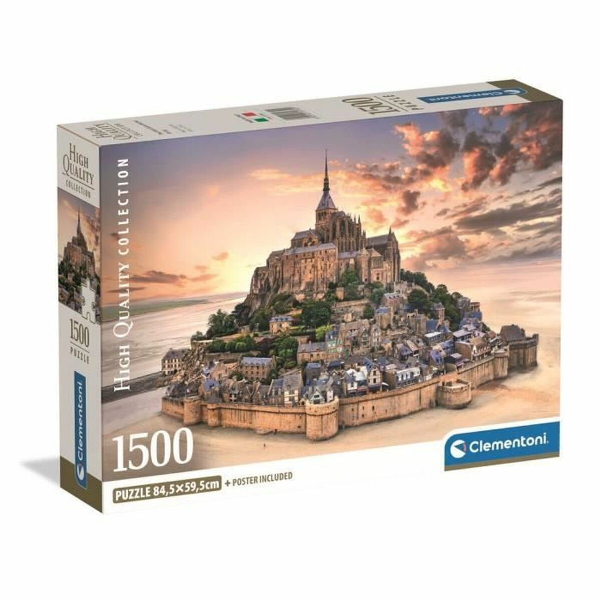 Caja de rompecabezas con Mont Saint-Michel al atardecer, 1500 piezas.
