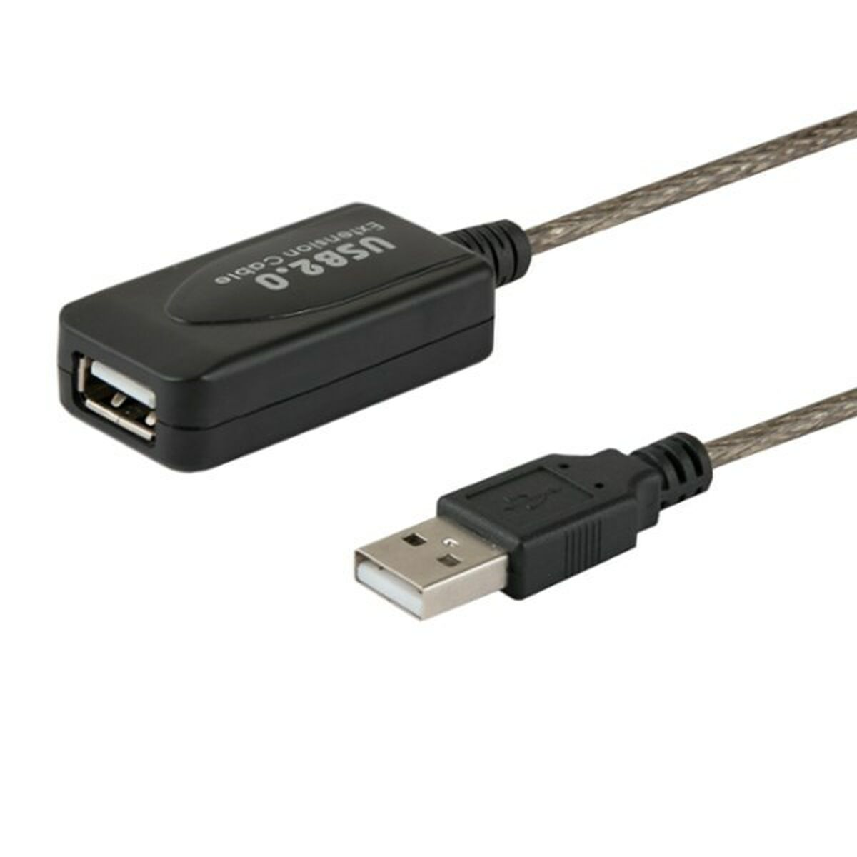 Un cable de extensión USB 2.0 negro con un conector macho y una hembra.