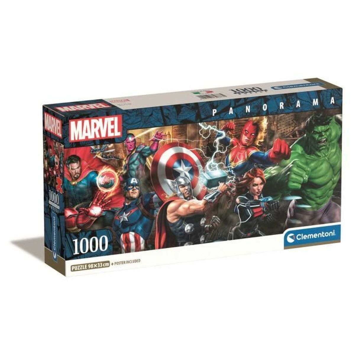 Marvel Avengers 1000-delige puzzeldoos met superhelden zoals Hulk, Thor, Captain America, Spider-Man.