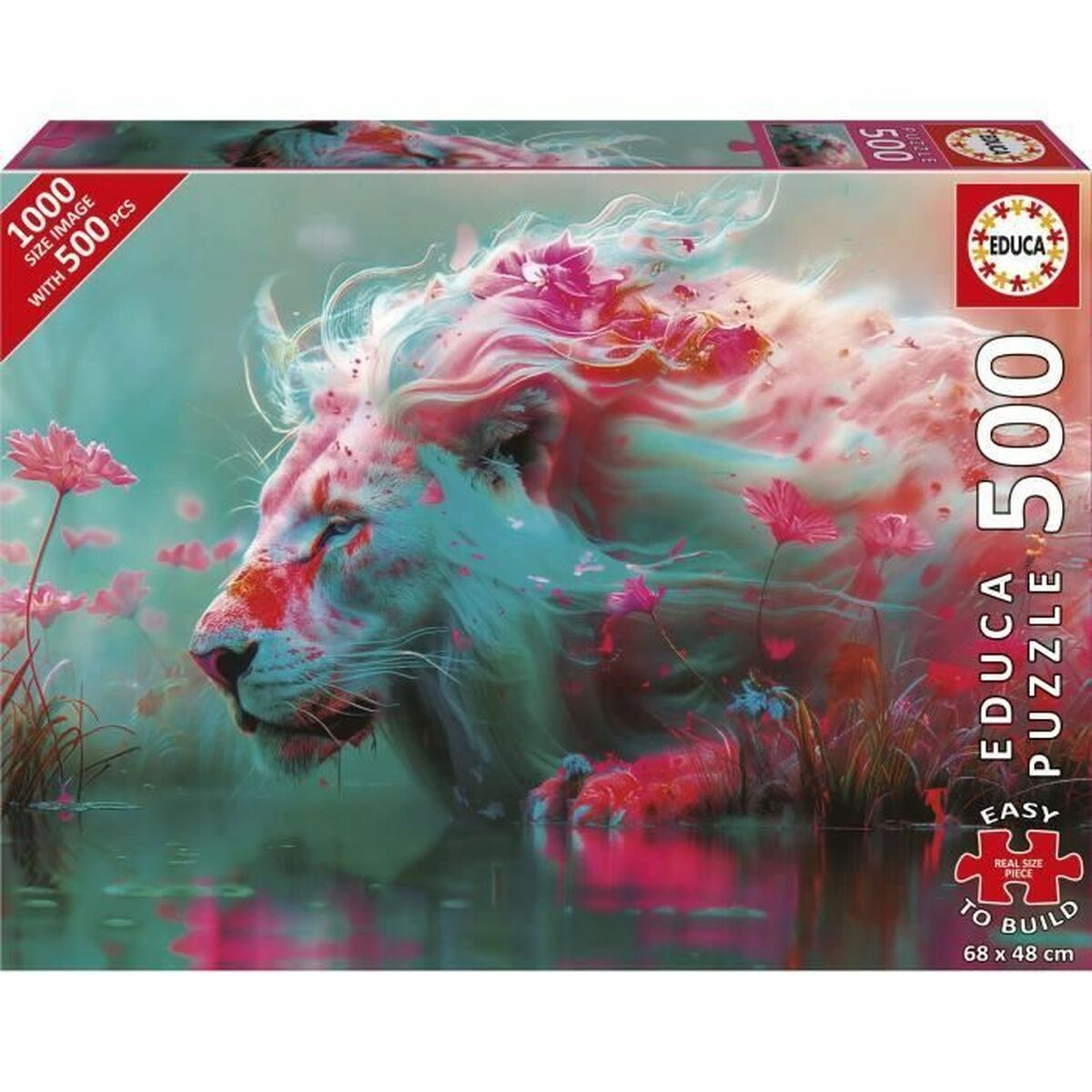 Ein mystischer Löwe mit pinken und türkisen Mähnen und Blumen vor einem Teich.