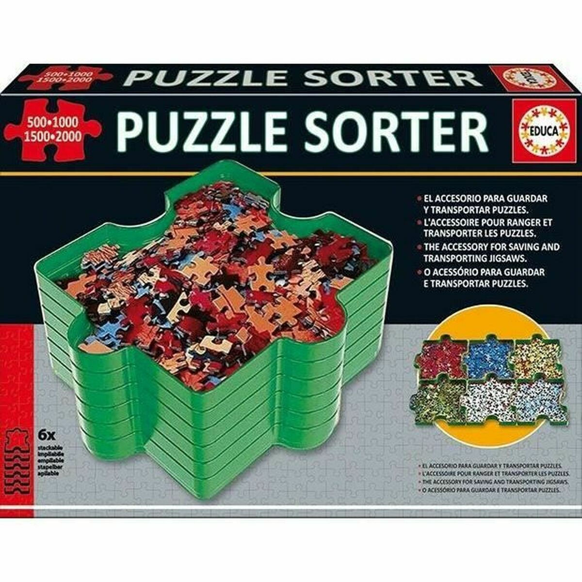 Ein grüner Puzzle-Sortierer voller bunter Puzzleteile auf einer Verpackung.