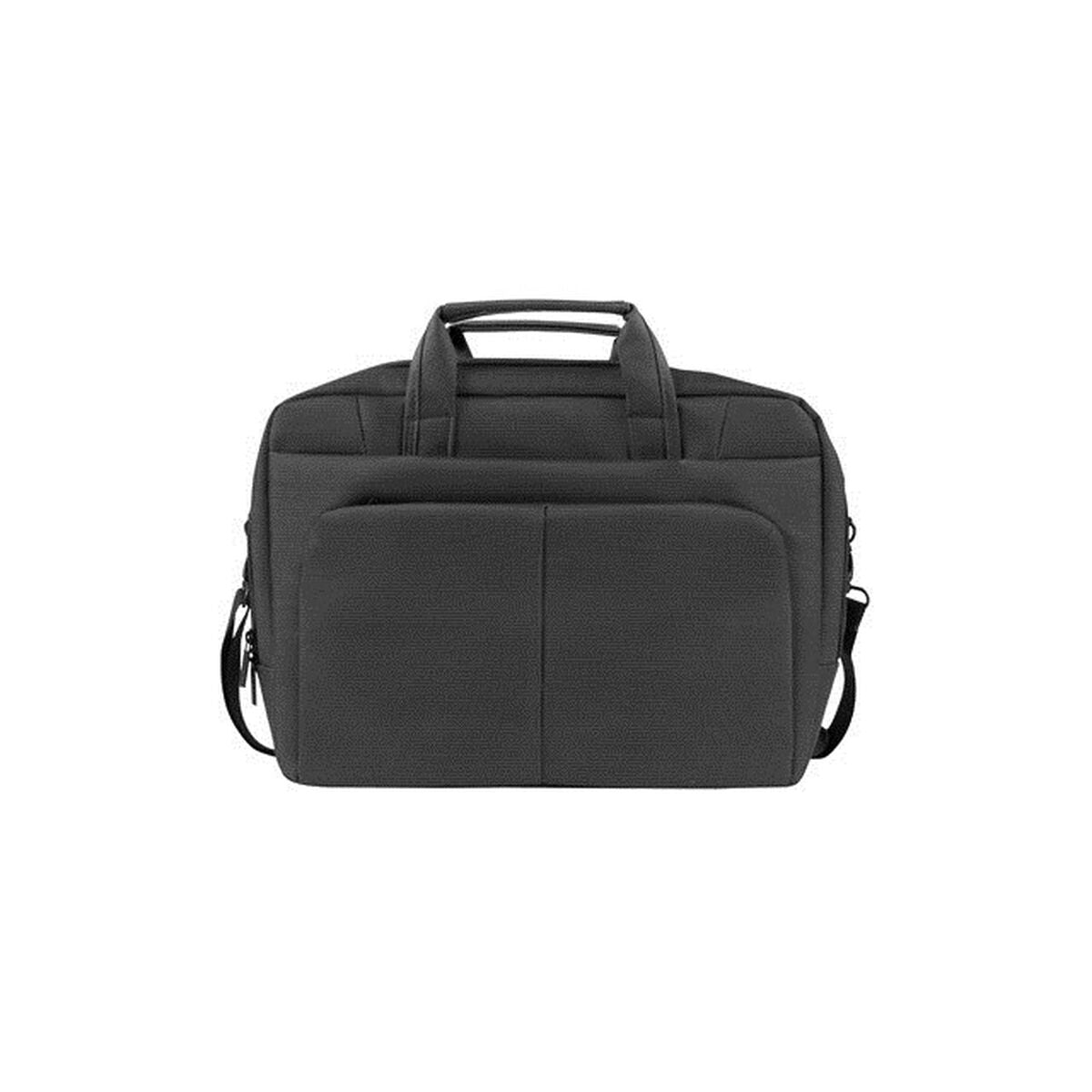 Una borsa nera per laptop con due manici superiori e tracolla.
