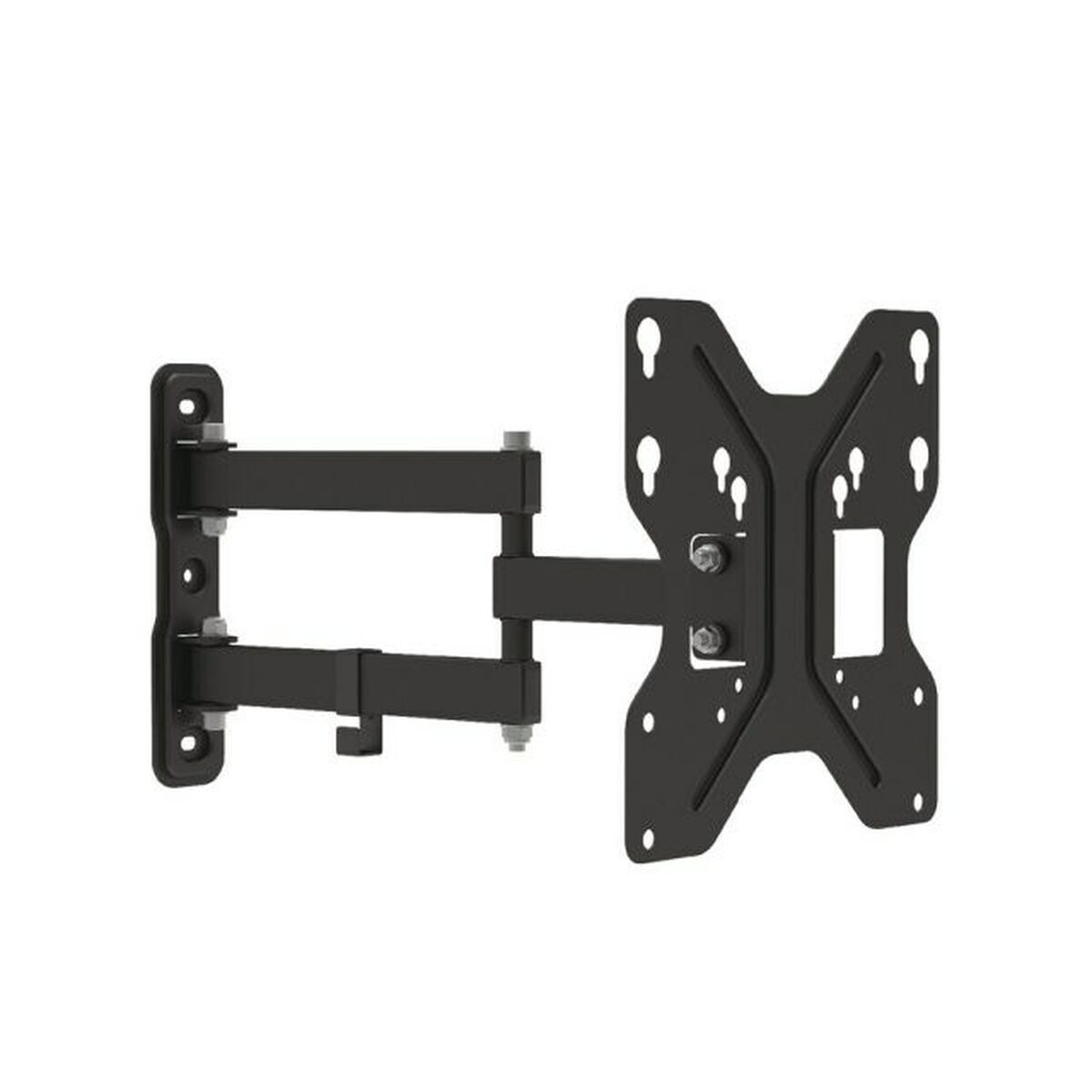 Soporte de pared para TV de metal negro con brazos articulados y placa VESA.