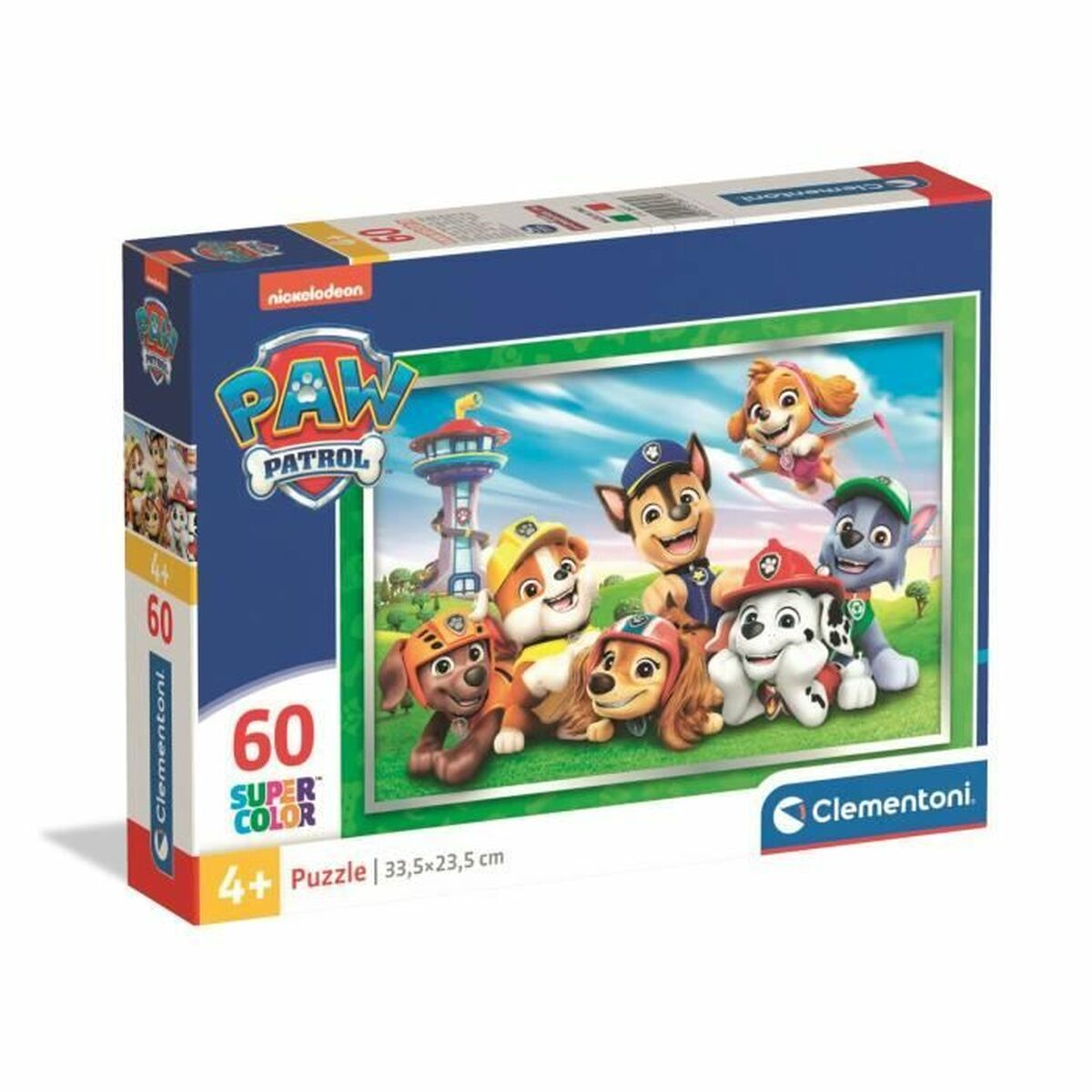 Puzzle Paw Patrol de 60 pièces avec sept chiens et une tour de guet en arrière-plan.