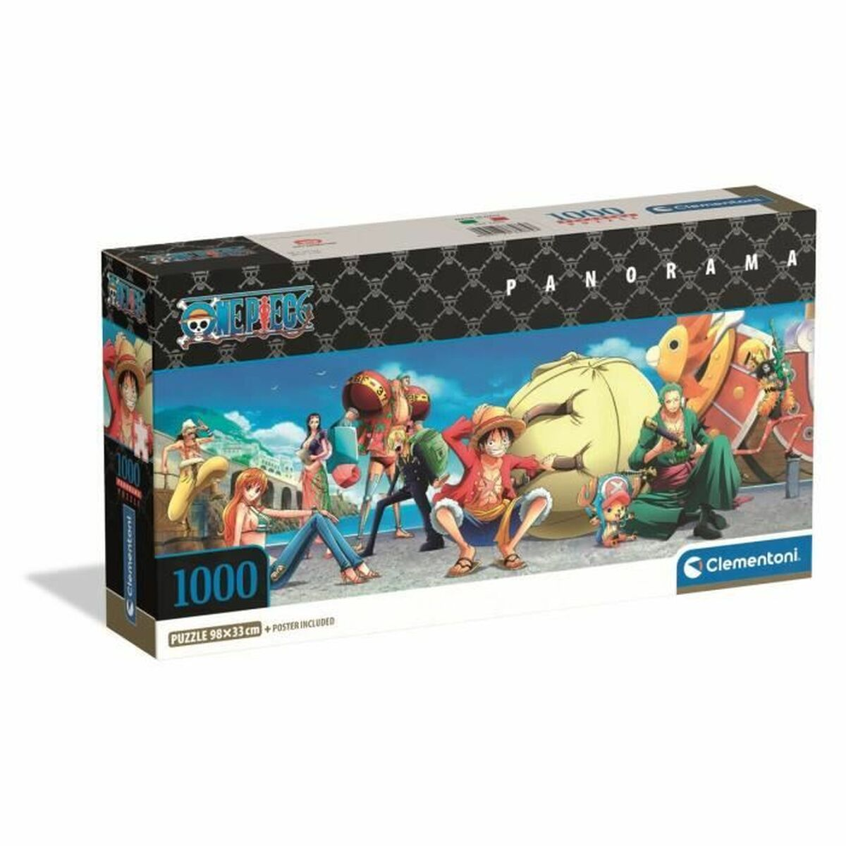 Pudełko z puzzlami One Piece 1000 elementów, z postaciami takimi jak Luffy, Zoro i Nami.