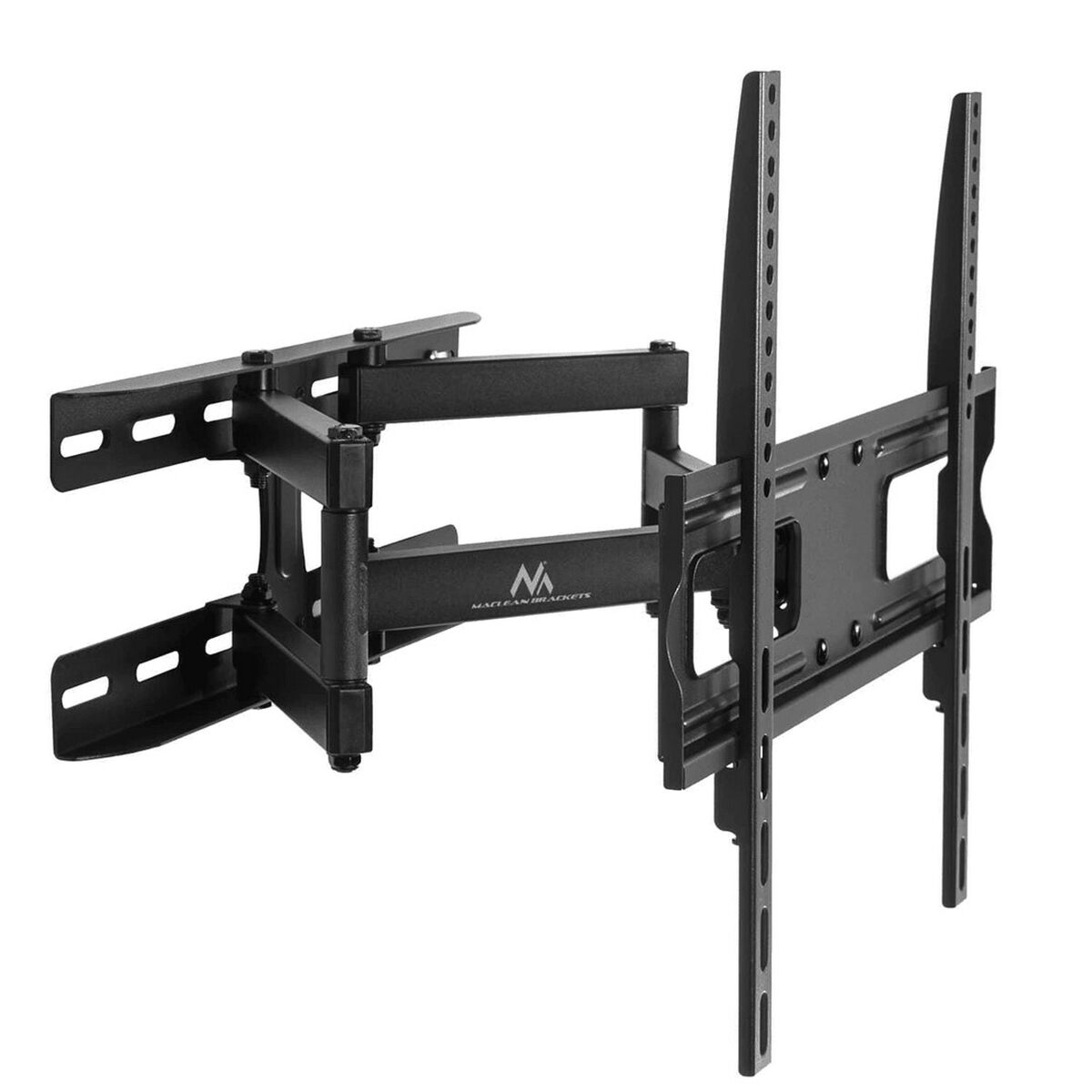 Supporto da parete TV nero ed estensibile con due bracci articolati.