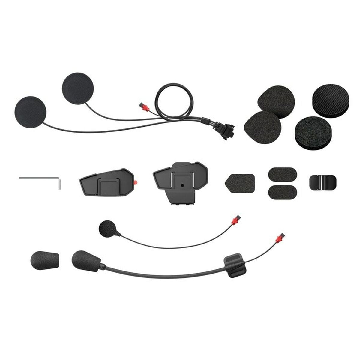 Motorrad-Helm-Zubehör: Lautsprecher, Mikrofone, Klemmen, Kabel und Kleinteile.