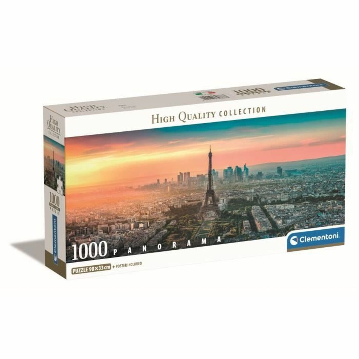 Caja de rompecabezas con la silueta de París al atardecer y la Torre Eiffel.