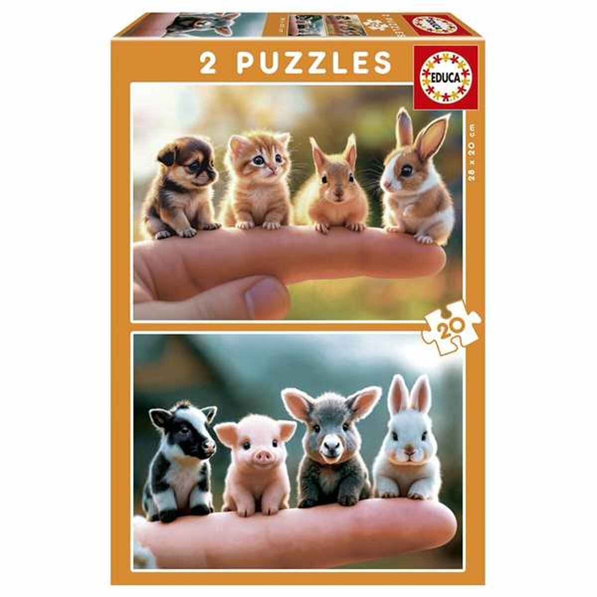 2 Puzzles. Oben: Welpe, Kätzchen, Häschen, Kaninchen. Unten: Kalb, Ferkel, Reh, Hase.