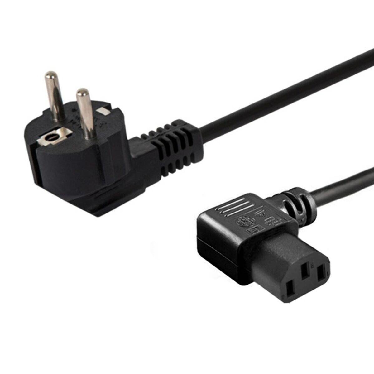 Cavo di alimentazione nero con due spine: una spina Schuko europea e una spina IEC C13 angolata.
