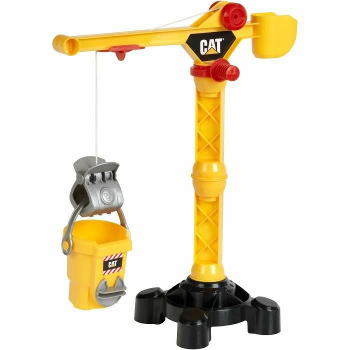 Grúa de juguete CAT amarilla con garra gris sujetando un cubo amarillo.