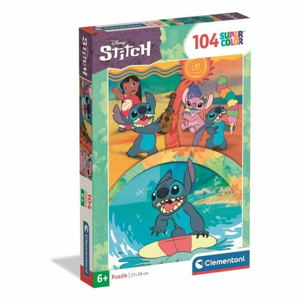 Boîte de puzzle Stitch avec des scènes du film, des glaces et du surf.
