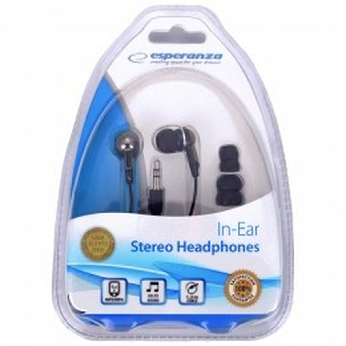 Verpakte stereo in-ear oordopjes met microfoon en extra oordopjes.