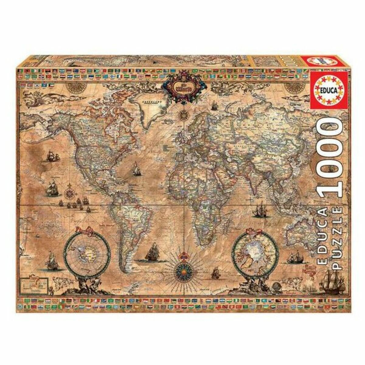 Una caja de rompecabezas de mapa del mundo vintage con barcos y brújula.