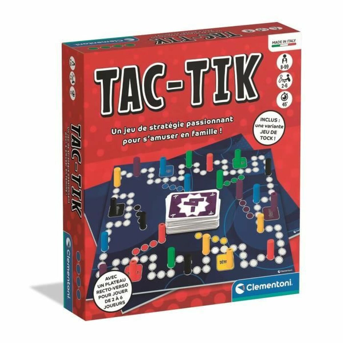 Doos van het bordspel TAC-TIK van Clementoni, toont het speelbord met kleurrijke stukken.