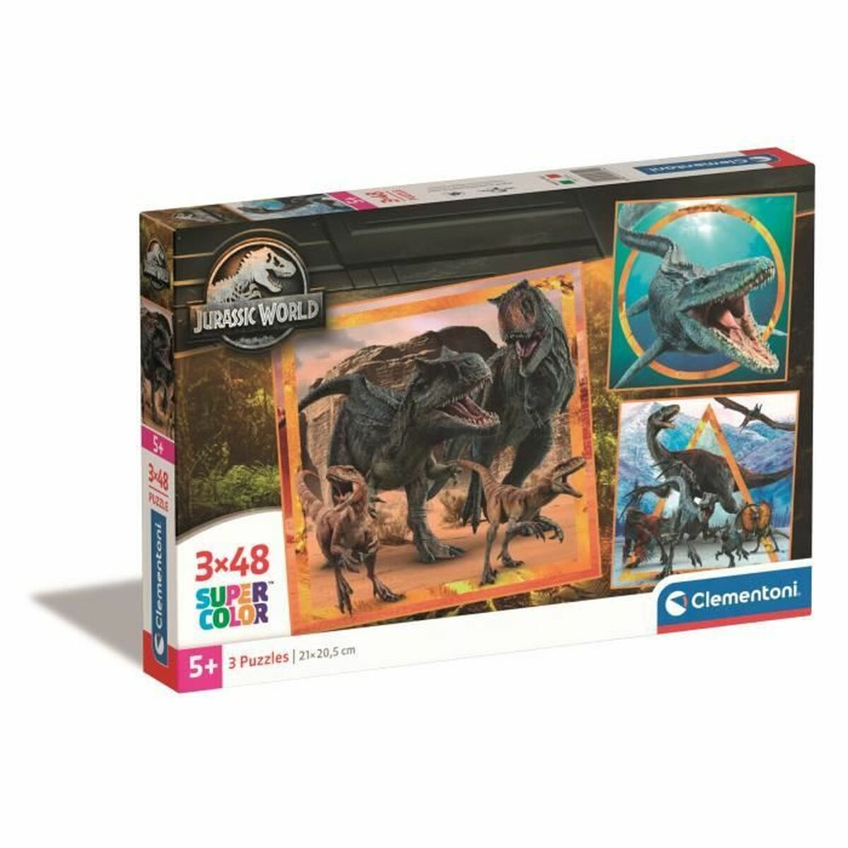 Doos voor 3 Jurassic World puzzels met dinosaurussen.