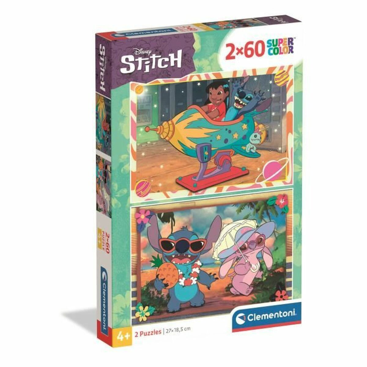Caja de puzzle de Stitch con dos escenas: Arriba, Stitch y Lilo vuelan en un cohete. Abajo, llevan gafas de sol.