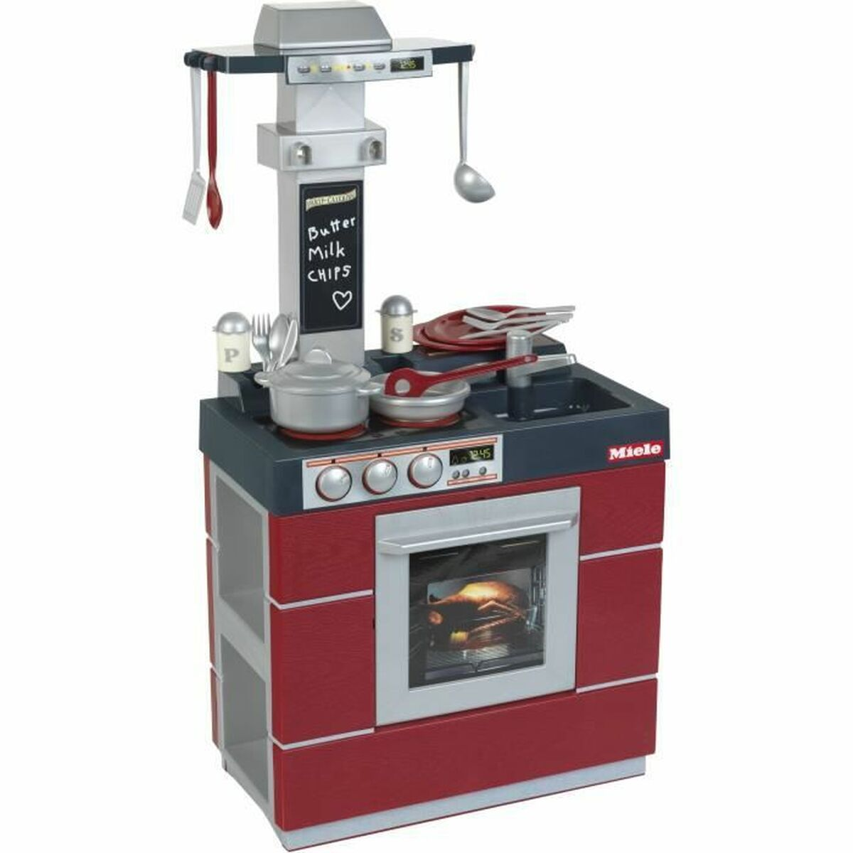 Cucina giocattolo con forno rosso, piano cottura, lavello e utensili.