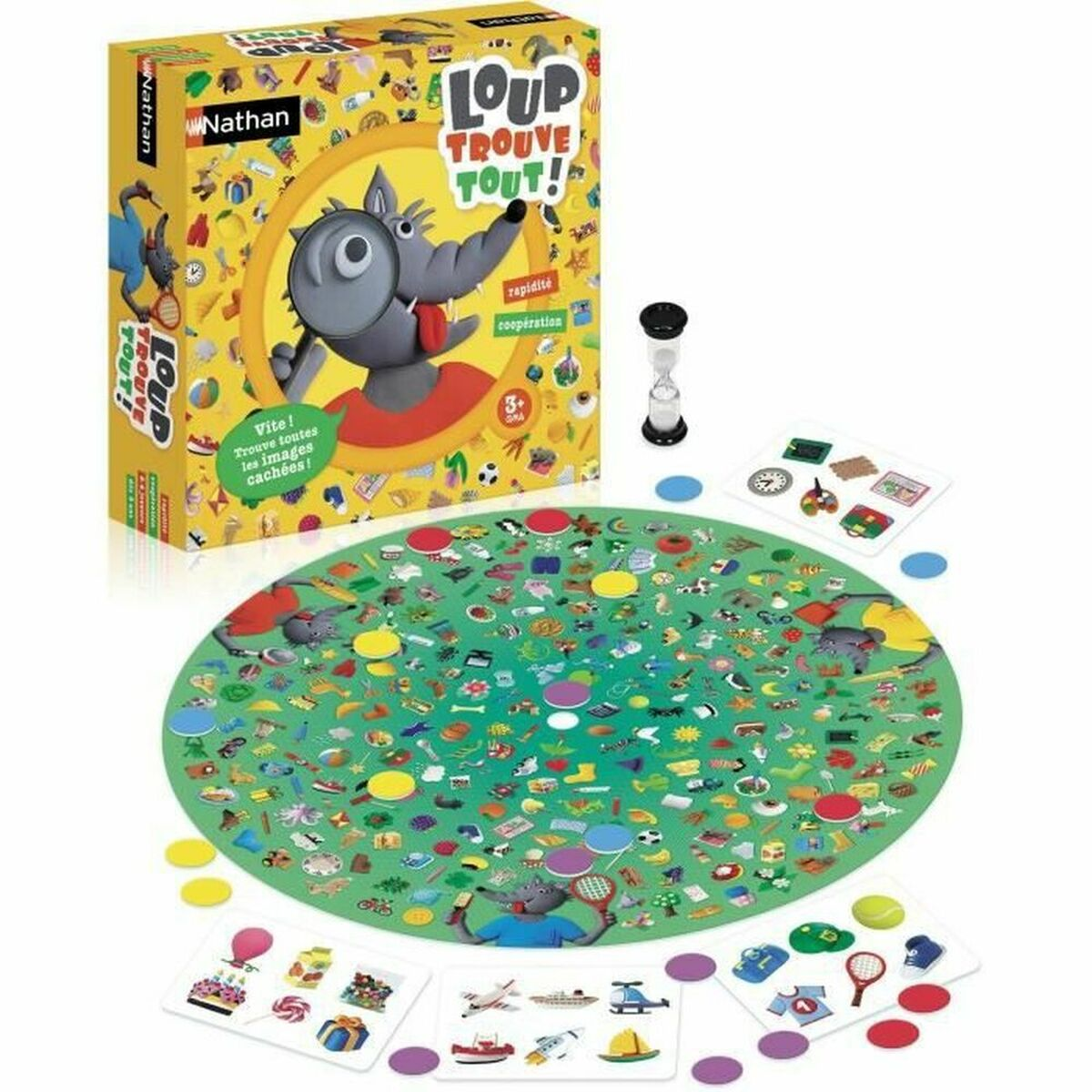 Ein Brettspiel mit einem Wolf und vielen kleinen Bildern.