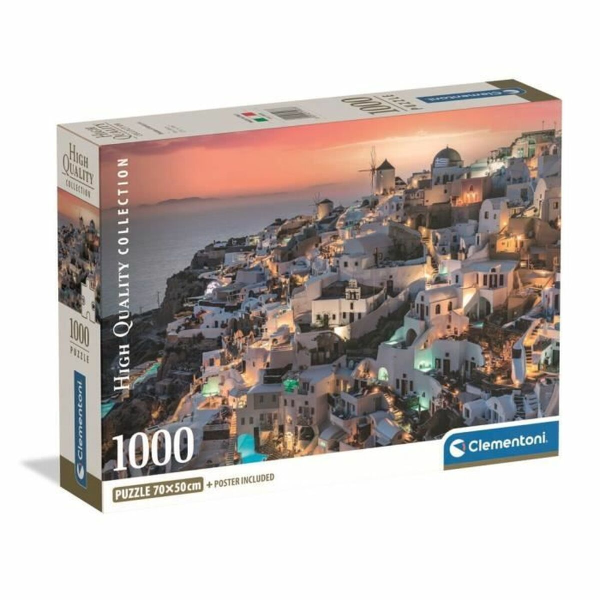 Puzzeldoos met Santorini bij zonsondergang, witte gebouwen en windmolens.
