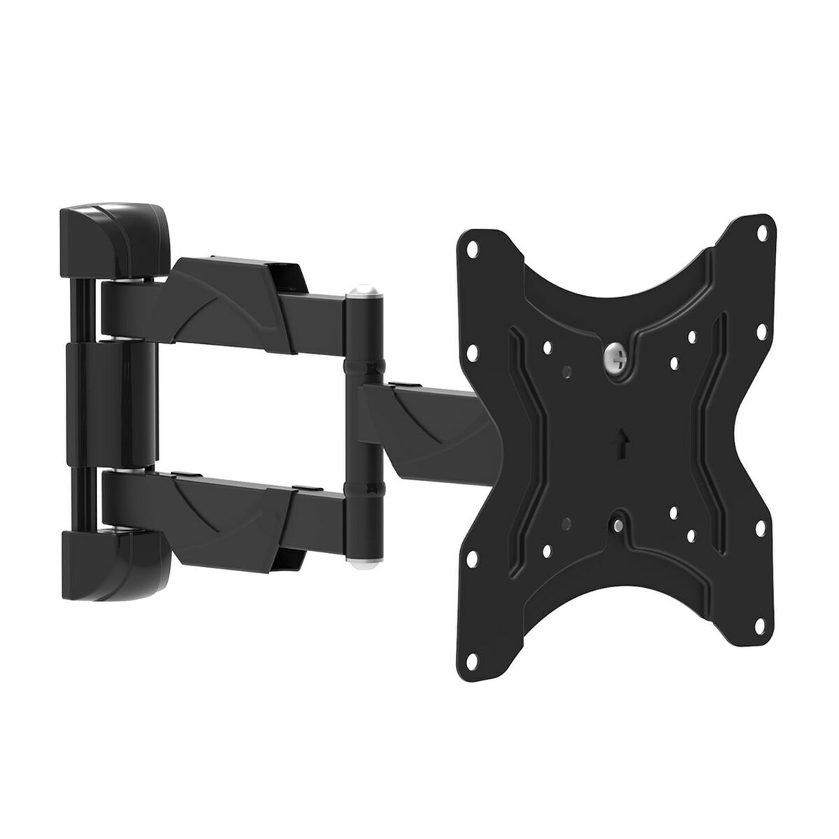 Support mural TV noir réglable avec bras articulé et plaque VESA.