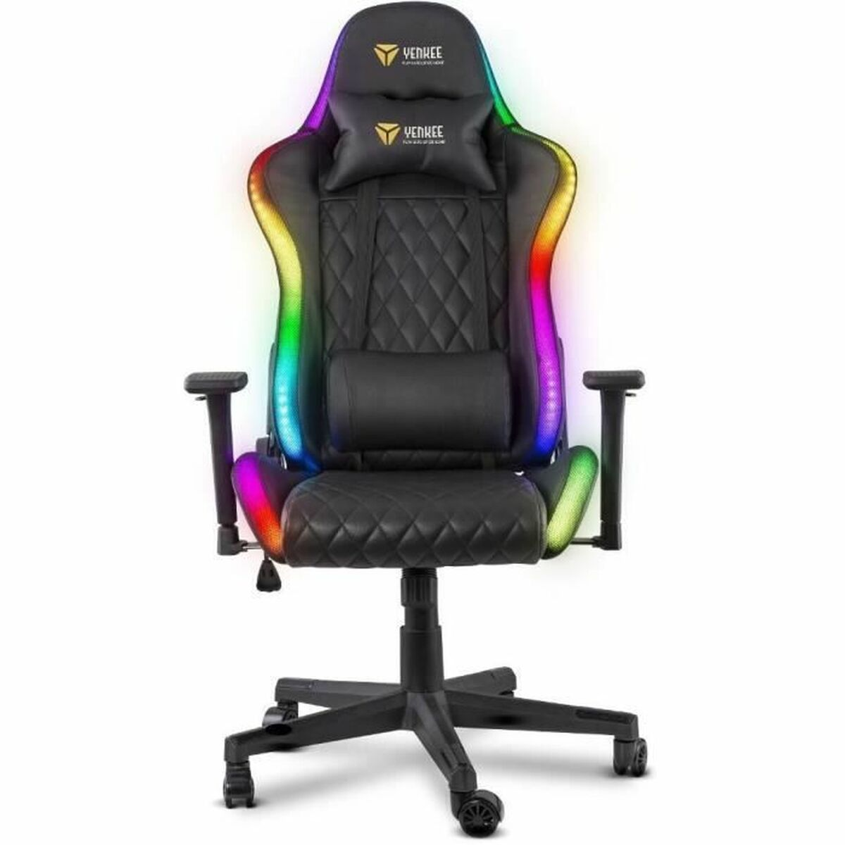 Silla gamer negra con iluminación LED arcoíris y reposacabezas.