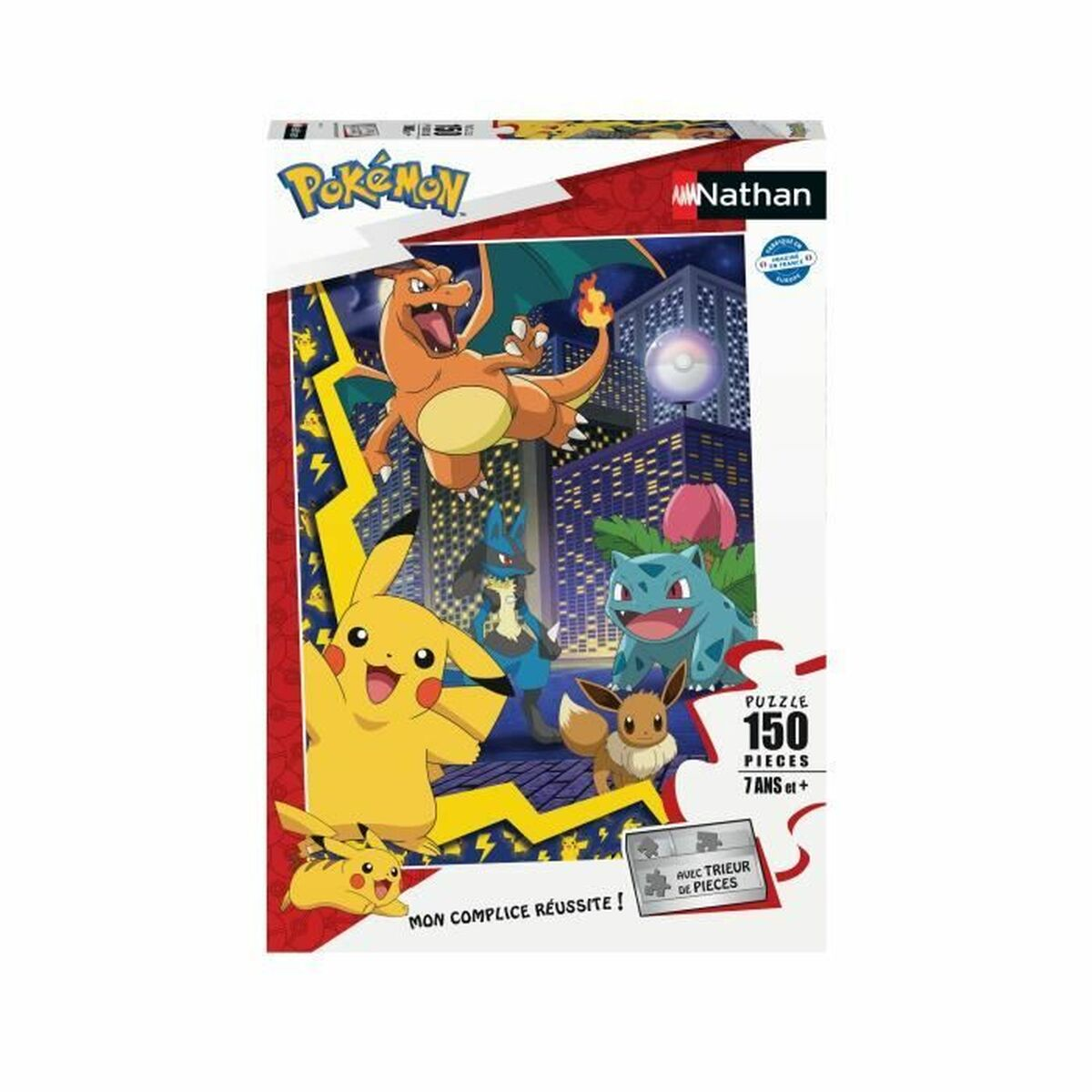 Puzzle Nathan con tema Pokémon: Pikachu, Eevee, Charizard, Lucario, Bulbasaur davanti skyline città.