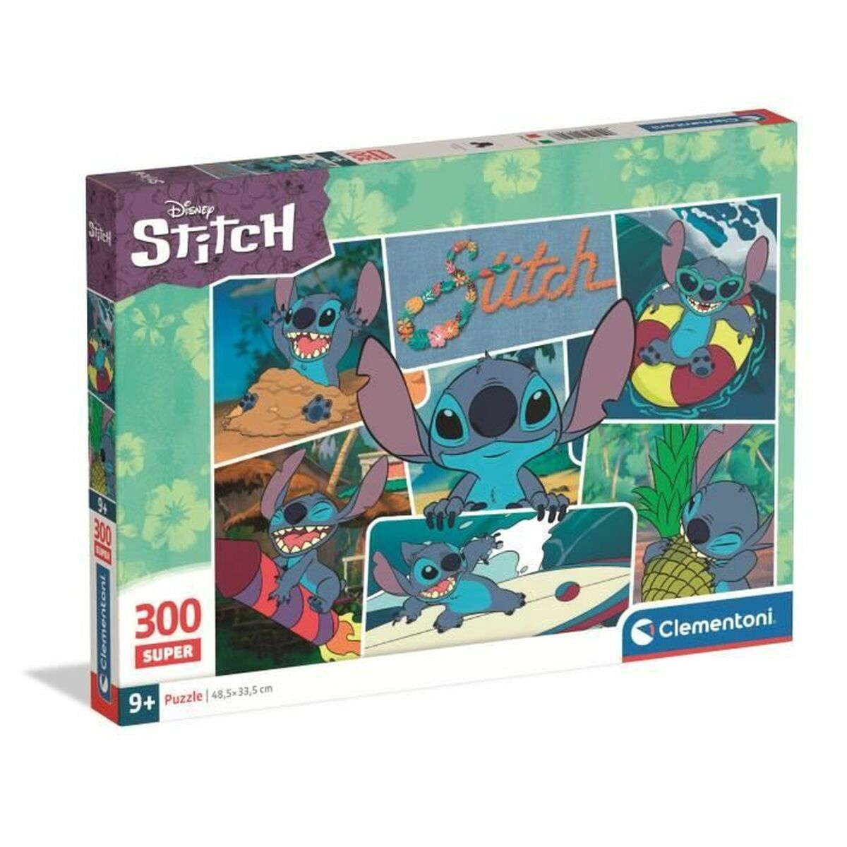Pudełko puzzli Disney Stitch 300 elementów pokazuje Stitcha w różnych scenach.