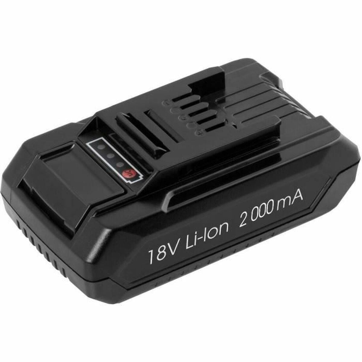 Schwarzer 18V Li-Ion Akku mit 2000 mAh Ladeanzeige.