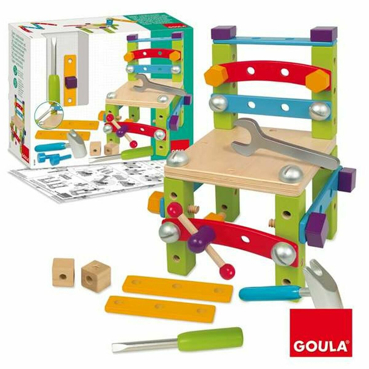 Un jeu de construction pour enfants avec des pièces colorées en bois et plastique pour assembler un outil.